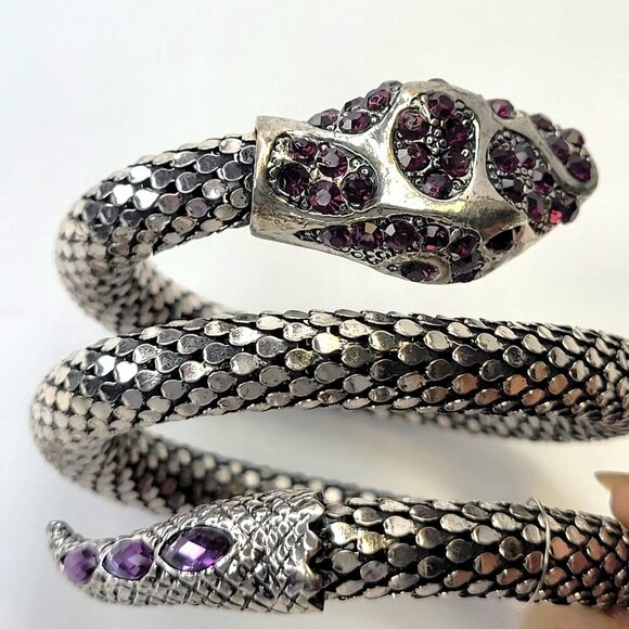 Vintage Mesh Purple Rhinestone 3 Coil Serpent SIlver Snake Bracelet - Picture 4 of 11